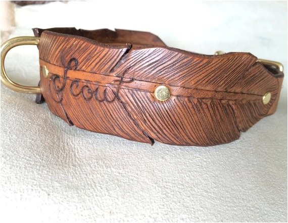 wide feather hand tooled leather dog