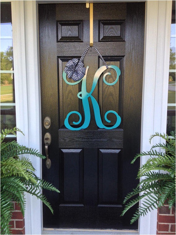 initial monogram front door wreath metal monogram letter 24 quot tall over 25 colors choices ribbon choices double door wreath