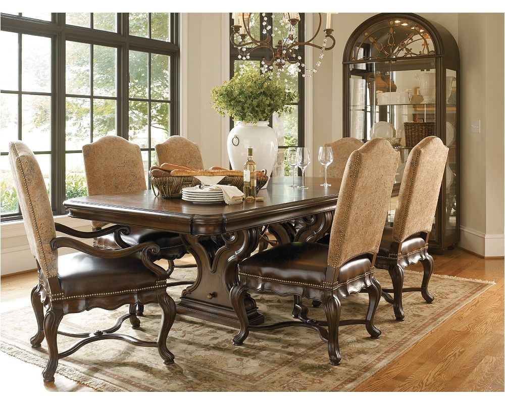 marvelous thomasville dining room wooden dining table buffet vas flowers tools glasses cream wall rug ceramic floor