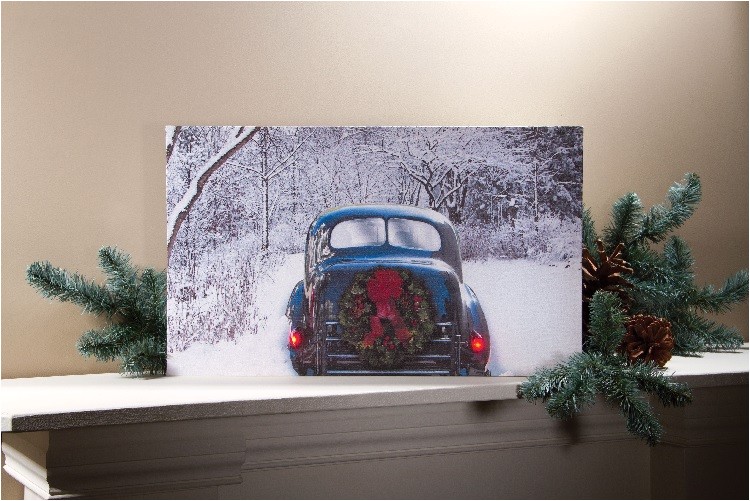 radiance lighted canvas winter classic car with christmas wreath