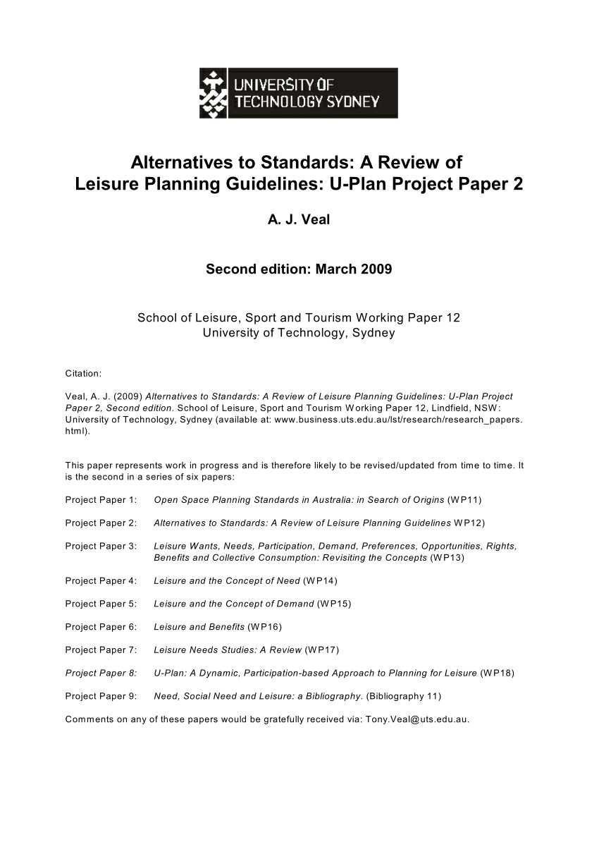 pdf alternatives to standards a review of leisure planning guidelines u plan project paper 2