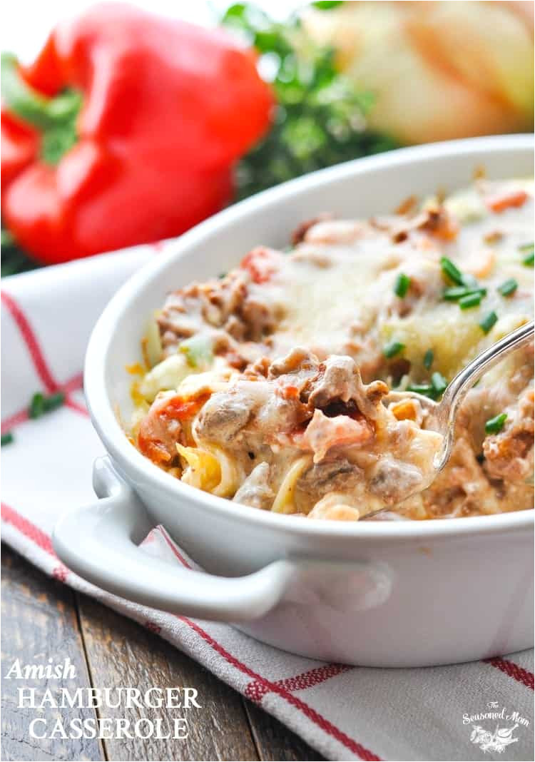 a side shot of an amish hamburger casserole