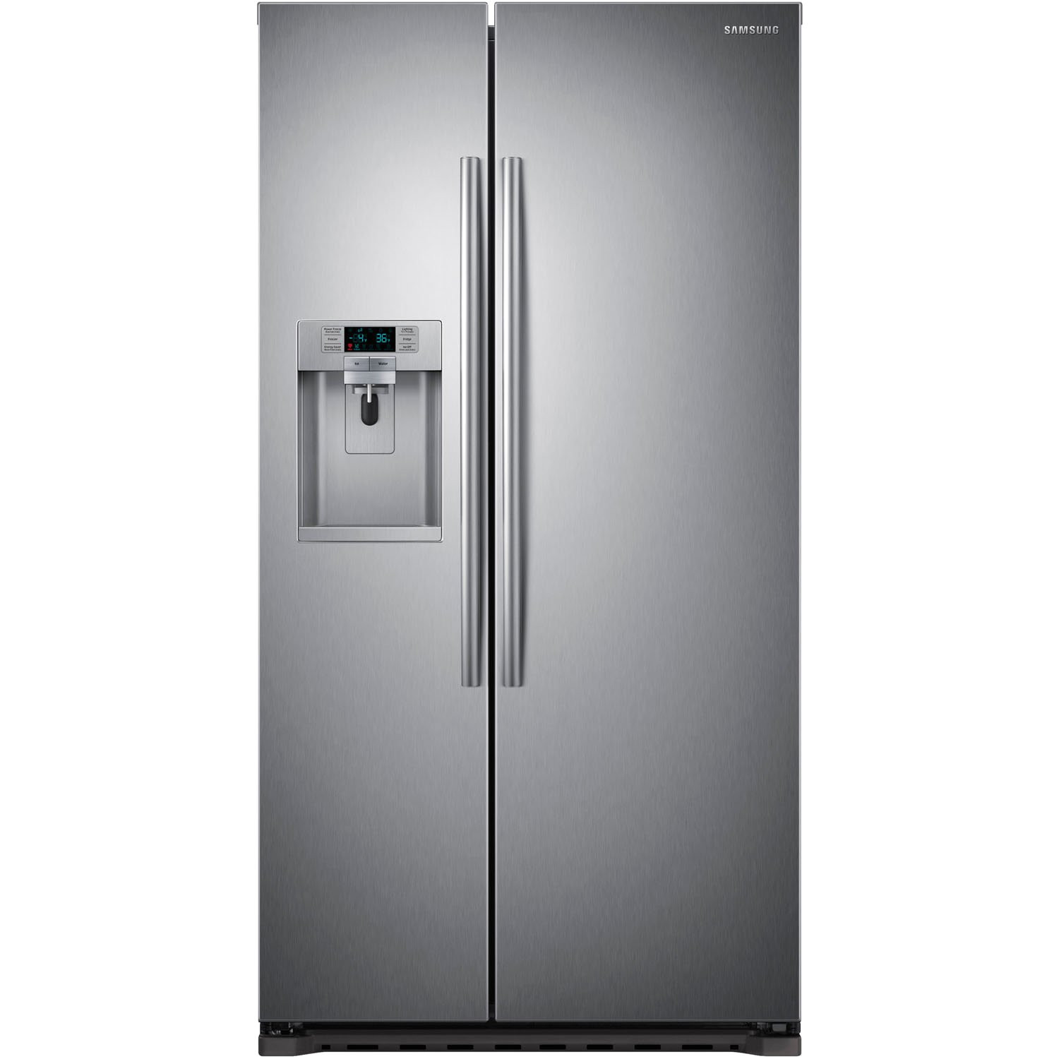 this side by side refrigerator and freezer combo features a sleek counter depth design that seamlessly blends in with any kitchen layout