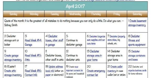 Taylor at Home Storage solutions 101 Free Printable April 2017 Decluttering Calendar with Daily 15 Minute